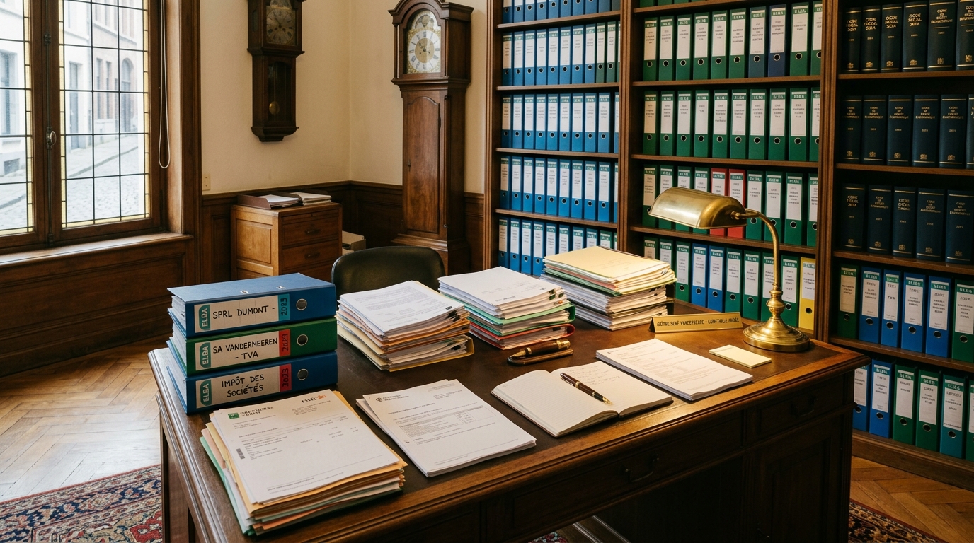Accounting office with client files and desk lamp
