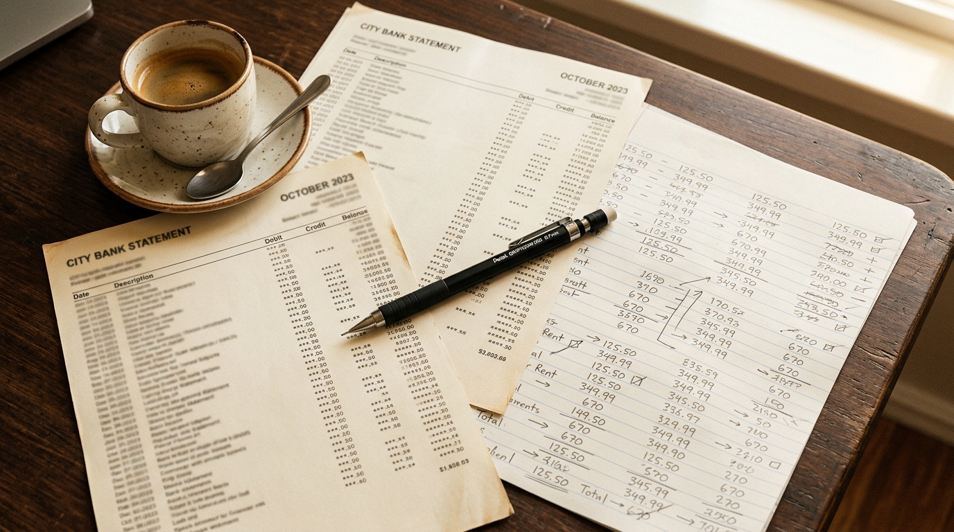 Bank statements and calculations spread on a desk