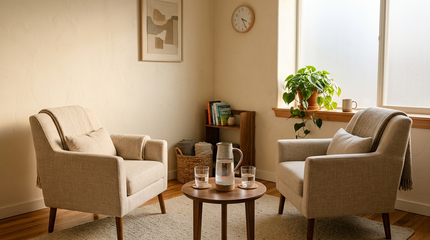 Empty therapy room with two chairs and warm afternoon light