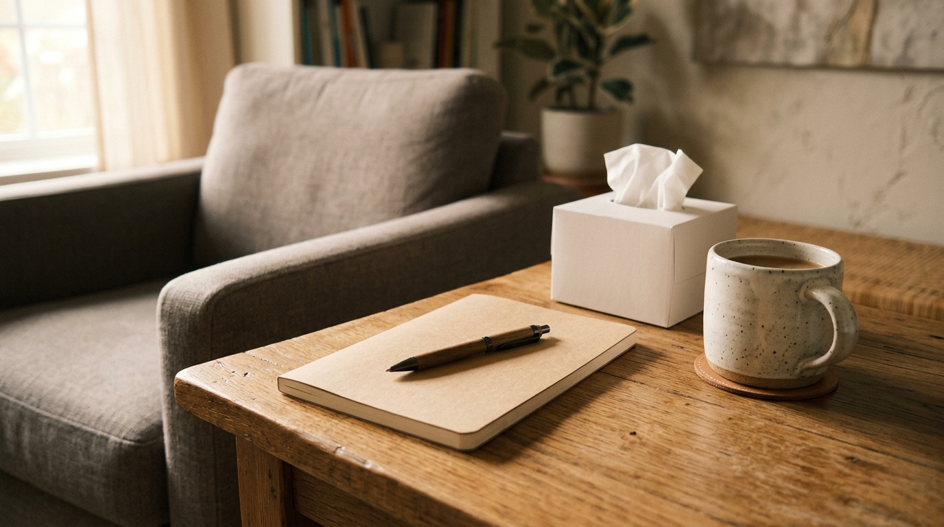 Notebook and pen on a small therapy side table
