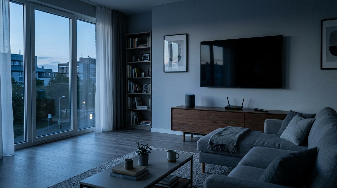 Woonkamer in avondschemering met smart speaker en router