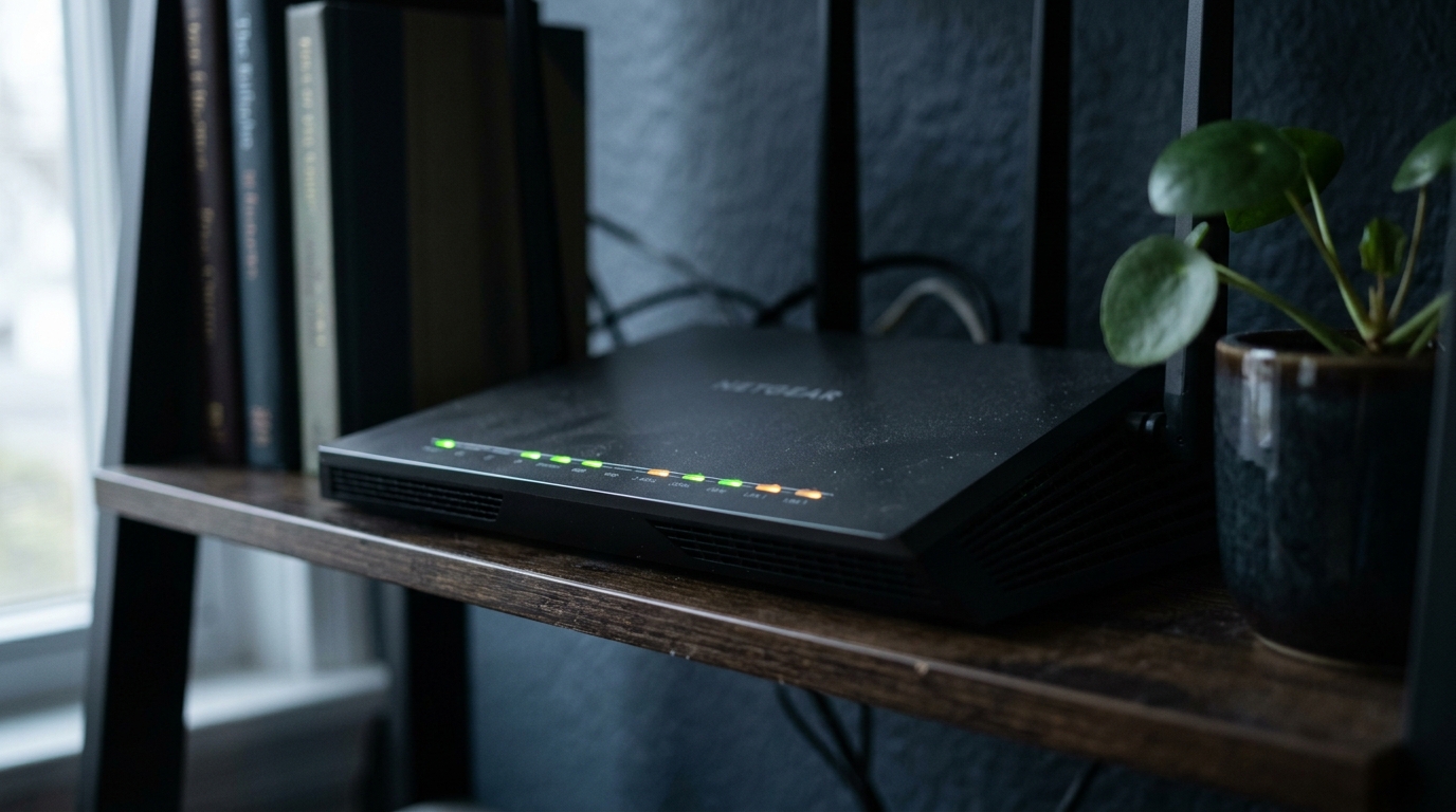 Router met knipperende LEDs op een plank in een woning